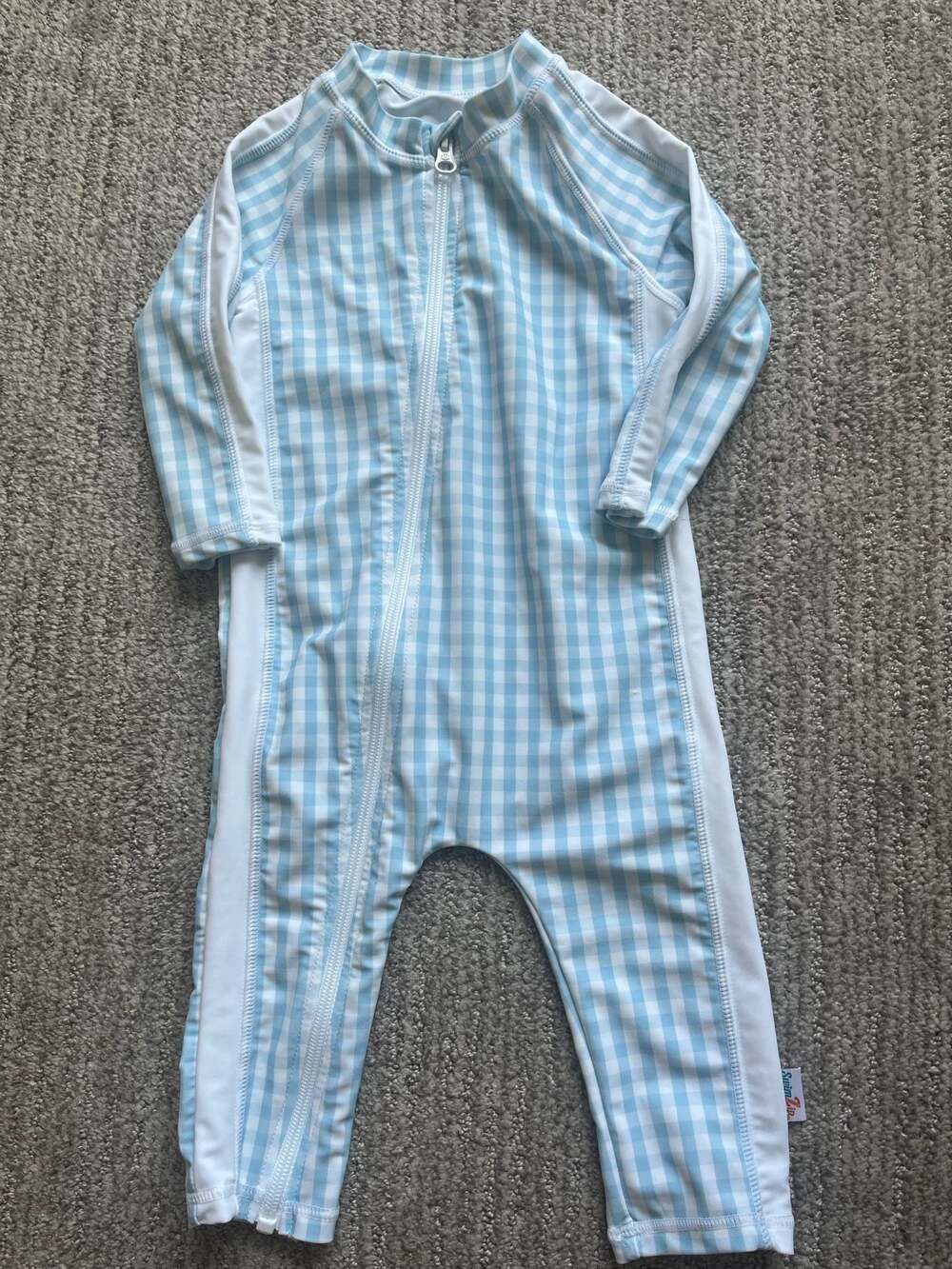 SwimZip Baby Long Sleeve Sunsuit Romper in Blue Gingham